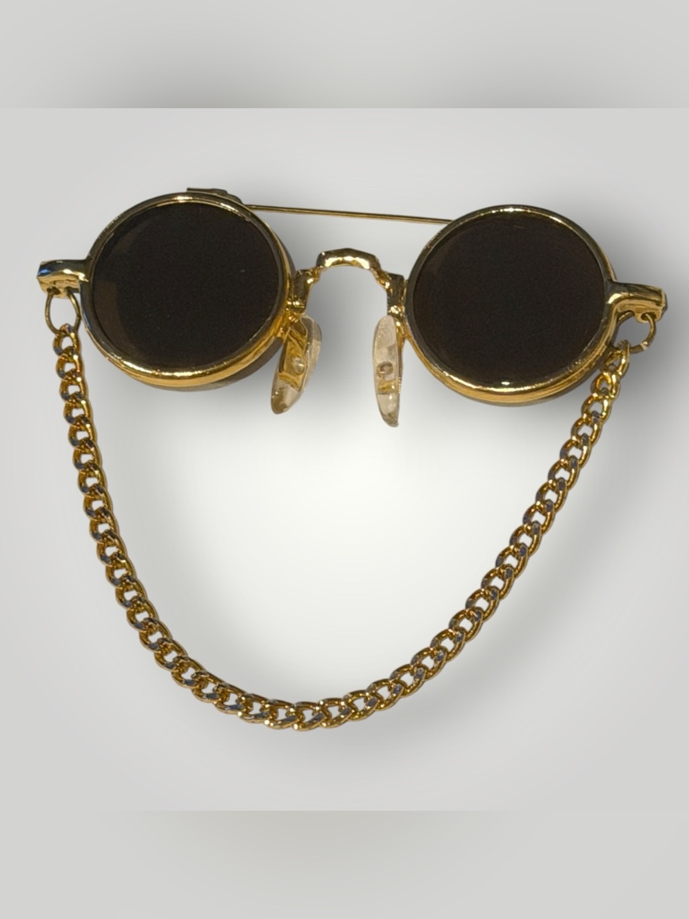 Unique Vintage Gold Tone Round Sunglasses Chain Novelty Brooch Pin